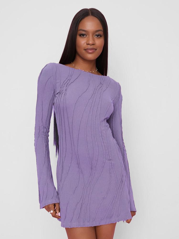 Women's Autumn Solid Color Round Neck Wavy Stripe Long Sleeve Bodycon Dress