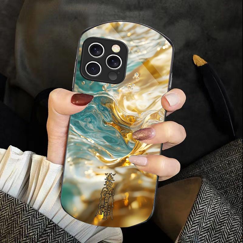 Golden Lotus Powder For IPhone 16 Pro Max 11 12 Mini 13 14 P Lus 15 Plus 7 8 Se 2020 X Xs Elliptical Tempered Glass Phone Case