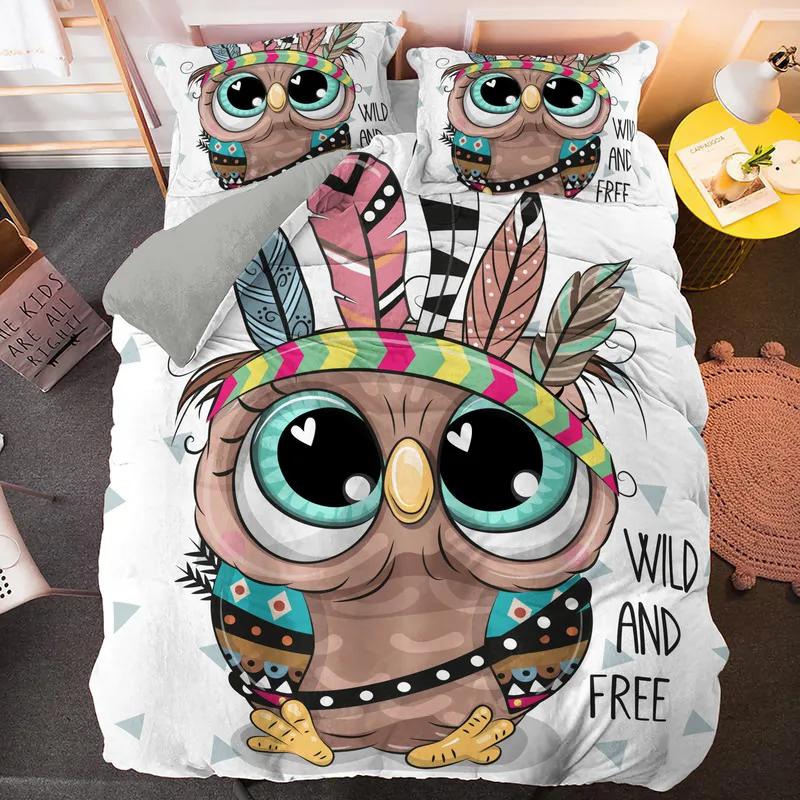 Kawaii Cartoon Owl Duvet Cover Set Full Queen King Size Owl Bedding Set for Girls Boys Brown Owl Cartoon Animal Comforter Cover