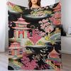 GUOYU Decke Überwurfdecke Chinoiserie Anthrazit Koralle Pagode Flanell Fleece Überwurfdecke Japanischer Asiatischer Stil Decke Pagode und Blume