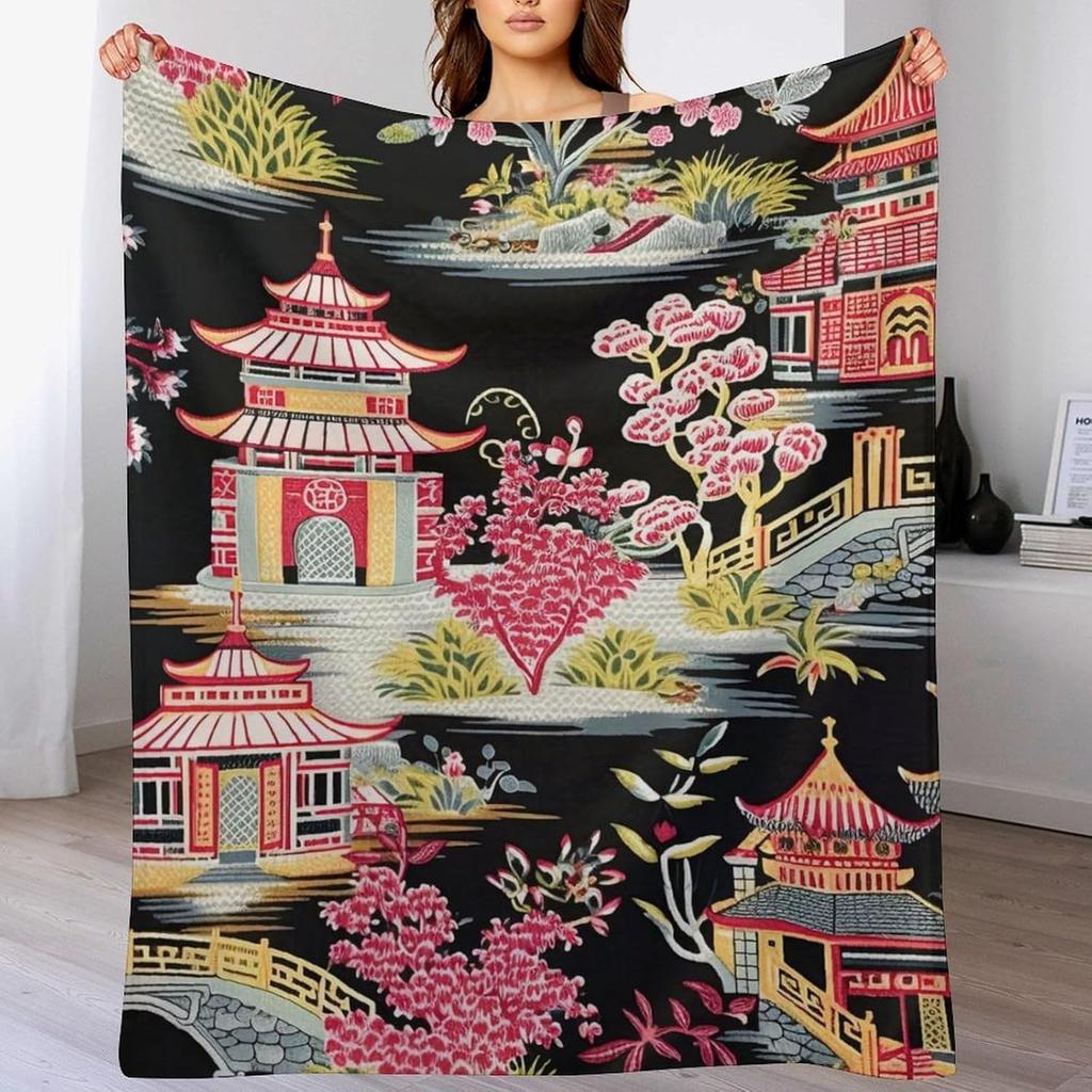 GUOYU Decke Überwurfdecke Chinoiserie Anthrazit Koralle Pagode Flanell Fleece Überwurfdecke Japanischer Asiatischer Stil Decke Pagode und Blume