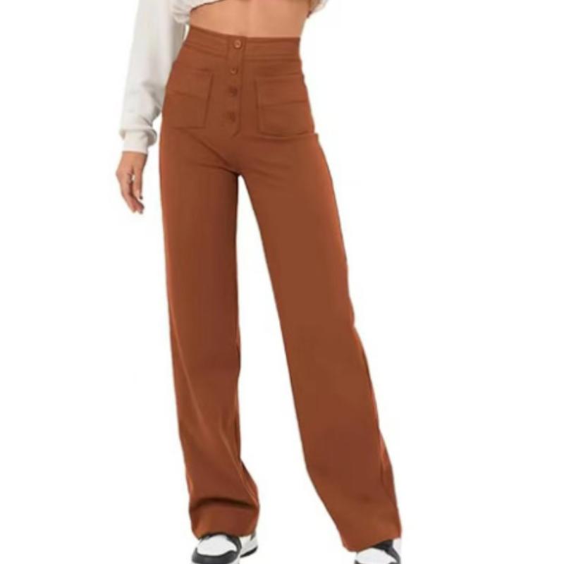 Pantaloni casual da donna alla moda a gamba dritta, pantaloni elasticizzati con bottoni a vita alta e tasche multiple