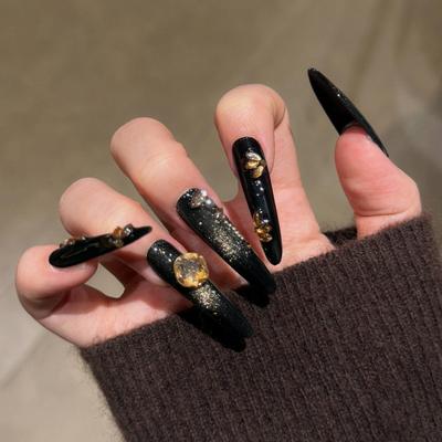 Black Cat Eye Wearable Long Thin Nail Art Stickers - Pure Handmade, Removable False Nails