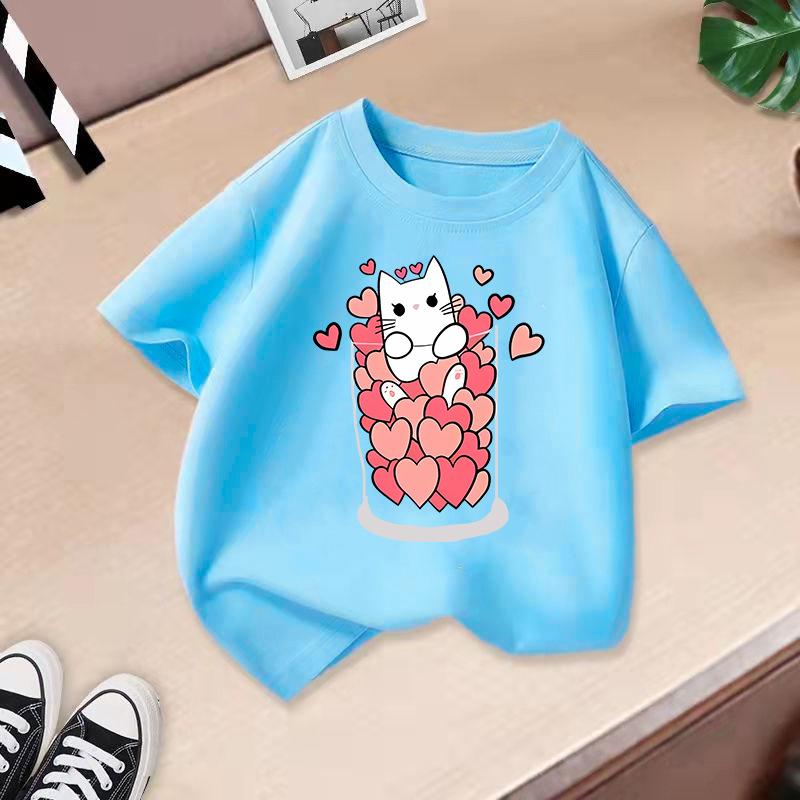Children's Casual Short-sleeved T-shirt - Summer Girls' And Boys' Fashionable And Cute Cat T-shirt