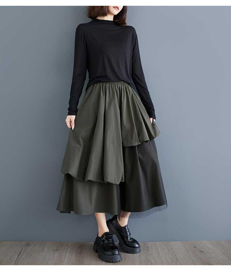 2024 Autumn Korean Mesh Pleated A-line Midi Skirt, Plus Size