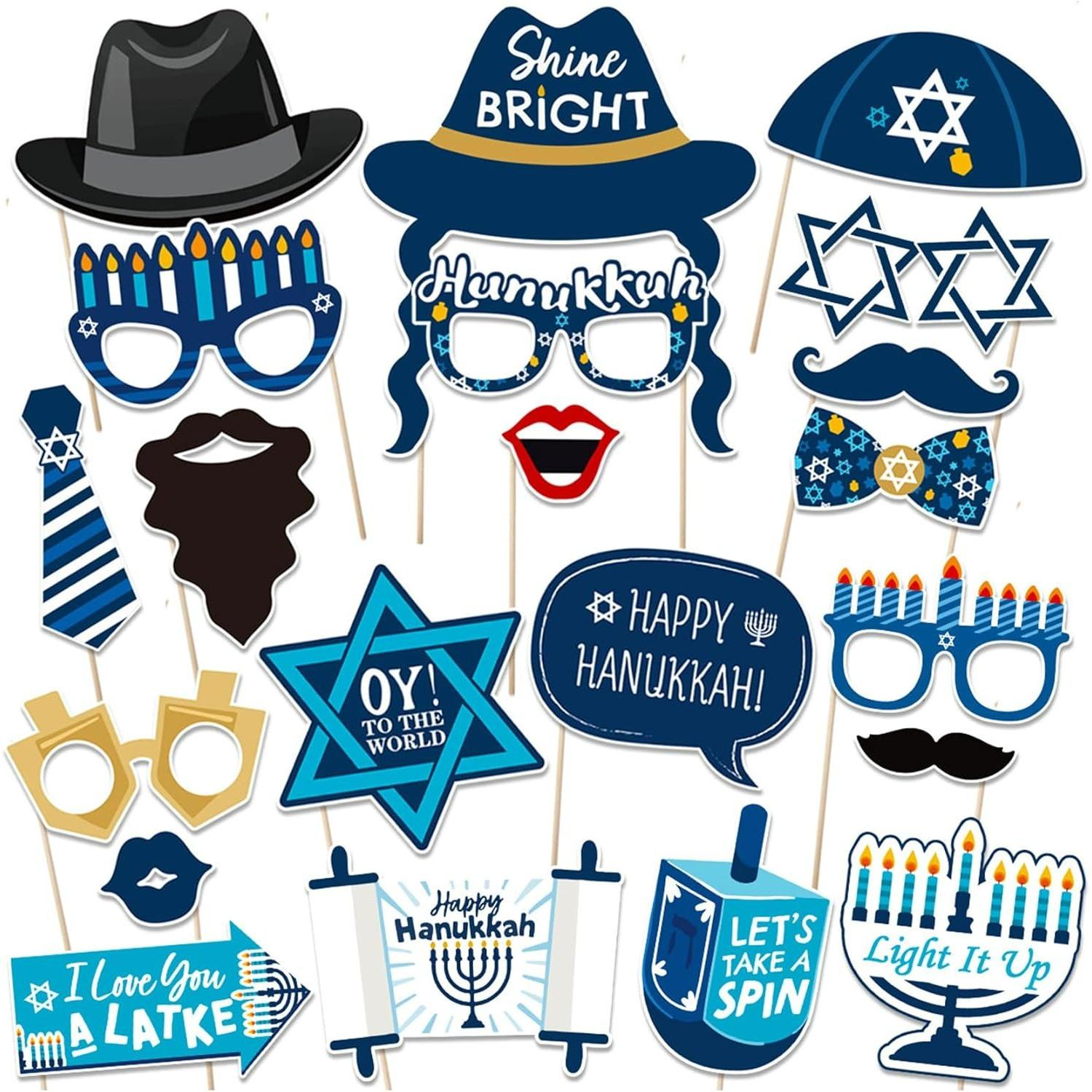 Hanukkah Party Photo Booth Props,21PCS Chanukah Photo Booth Props Kit Hanukkah Party Decorations Supplies 21-Pack