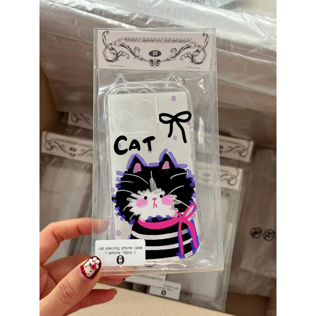 Pink Knot Striped Cat Applies To Apple IP17Promax Mobile Phone Case 16 Cat Ears 15/14 Transparent Air Cute 13