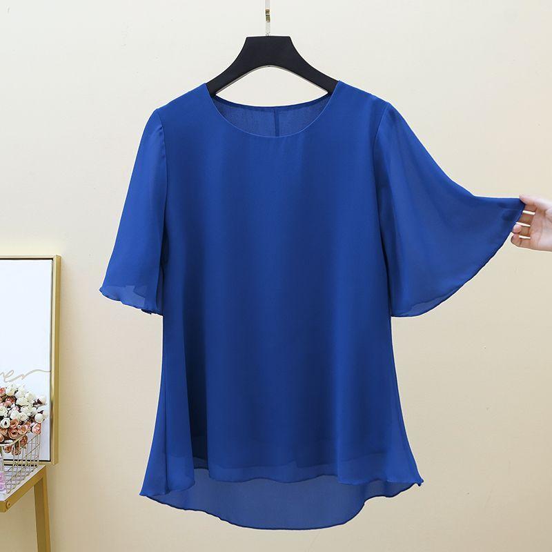 Large Size Chiffon Shirt Women's Short Sleeved Mom Outfit Summer Loose Top Round Neck Base Shirt