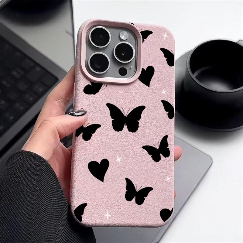 Coque Mate Motif Papillons Cœurs d'Amour Pour iPhone 16 Pro 15 Pro Max 14 13 12 11 TPU Texture Cuir Antichoc Douce Fine Housse de Téléphone