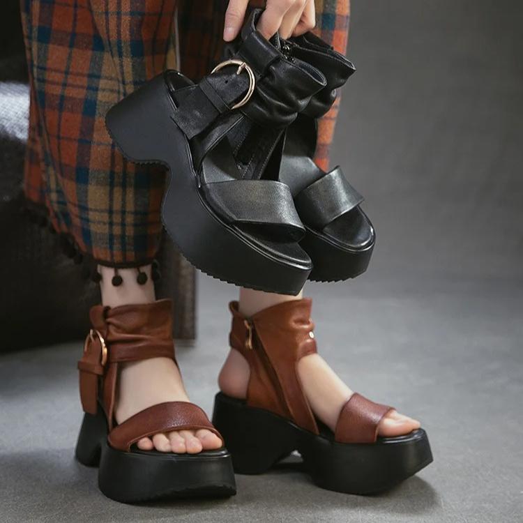 Johnature Thick Soled Sandals Genuine Leather Side Zipper Height Increasing Women's Platform Shoes