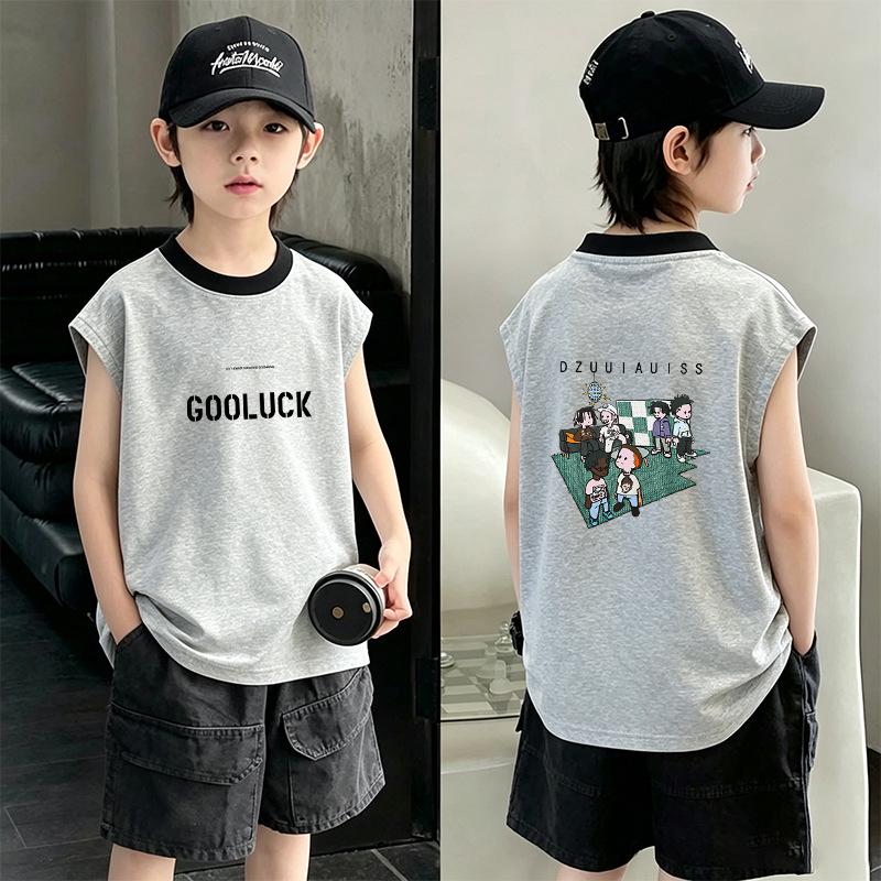 Boys' 2026 Summer Color Block Cotton Vest: Trendy Sleeveless T-shirt for Medium & Older Boys
