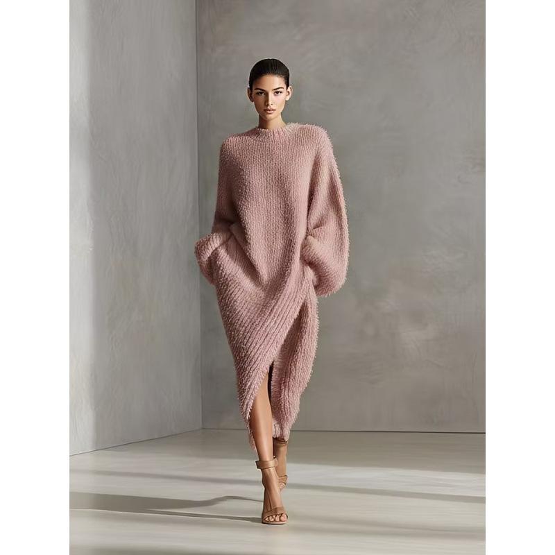 AA Europe and America 2026 autumn and winter new round neck loose split temperament women's clothing medium and long dress