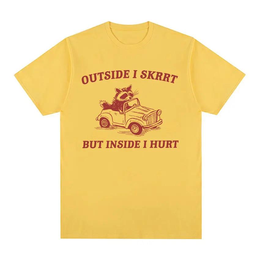 Men s Outside I Skrrt Inside I Hurt cat pattern printed 100% pure cotton short-sleeved T-shirt retro clothing S