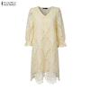 ZANZEA Women Casual V-Neck 3/4 Sleeve Patchwork Lace Dress