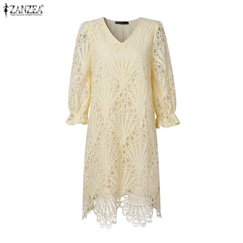 ZANZEA Women Casual V-Neck 3/4 Sleeve Patchwork Lace Dress