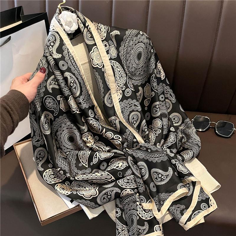 Fashion Brand Women Silk Scarf Luxury Dark Green Aztec Floral Pashmina Shawls Wrap Soft Foulard Femme Muslim Hijab 180*90Cm