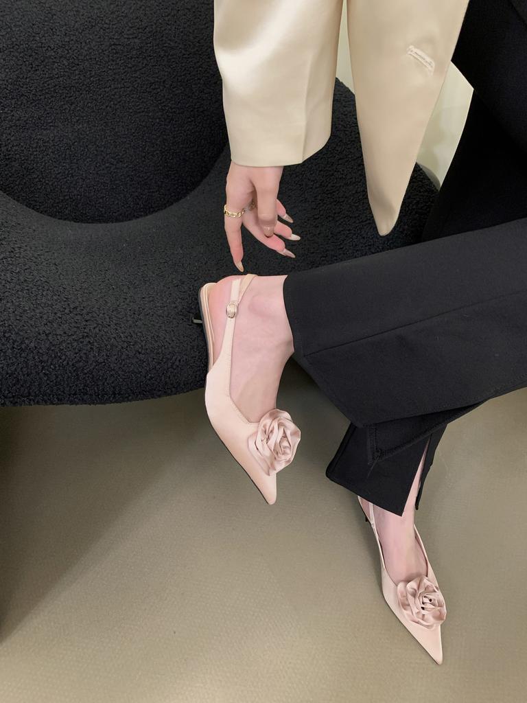 Spring and Summer French Rose Toe Sandals Womens Pointed Shallow High-heeled Shoes Slim Heels Paired with Skirts with Empty Back