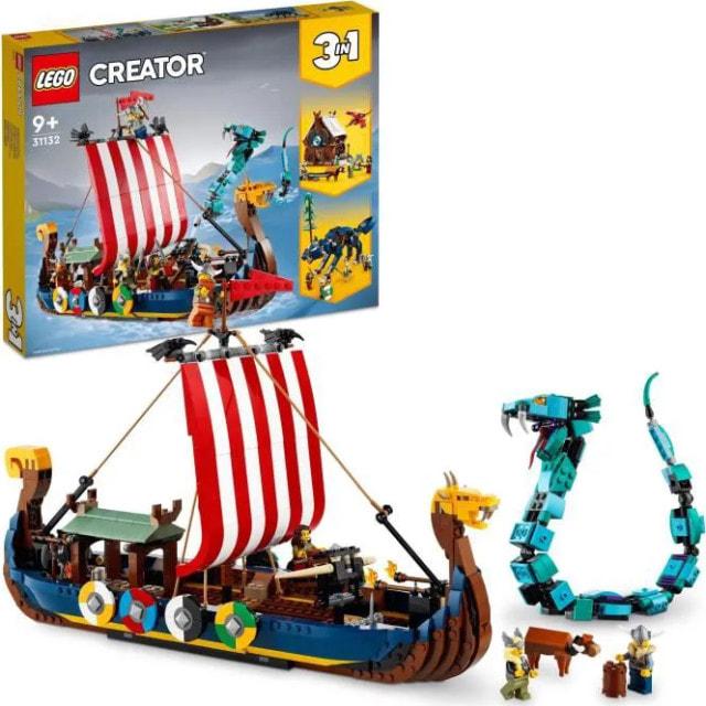 

LEGO 31132 Creator 3-in-1 Das Wikingerschiff und die Midgardschlange, Verwandelbares Spielzeughaus mit Drache oder Wolf,