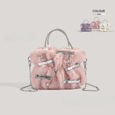 Rhinestone Autumn and Winter Plush Handbag Soft Texture Fur Bow Women's Bag