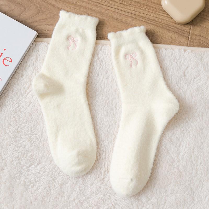 2025 Women's Autumn/Winter Imitation Mink Velvet Bow Embroidery Mid-Calf Socks - Warm, Comfortable Sleep and Home Socks