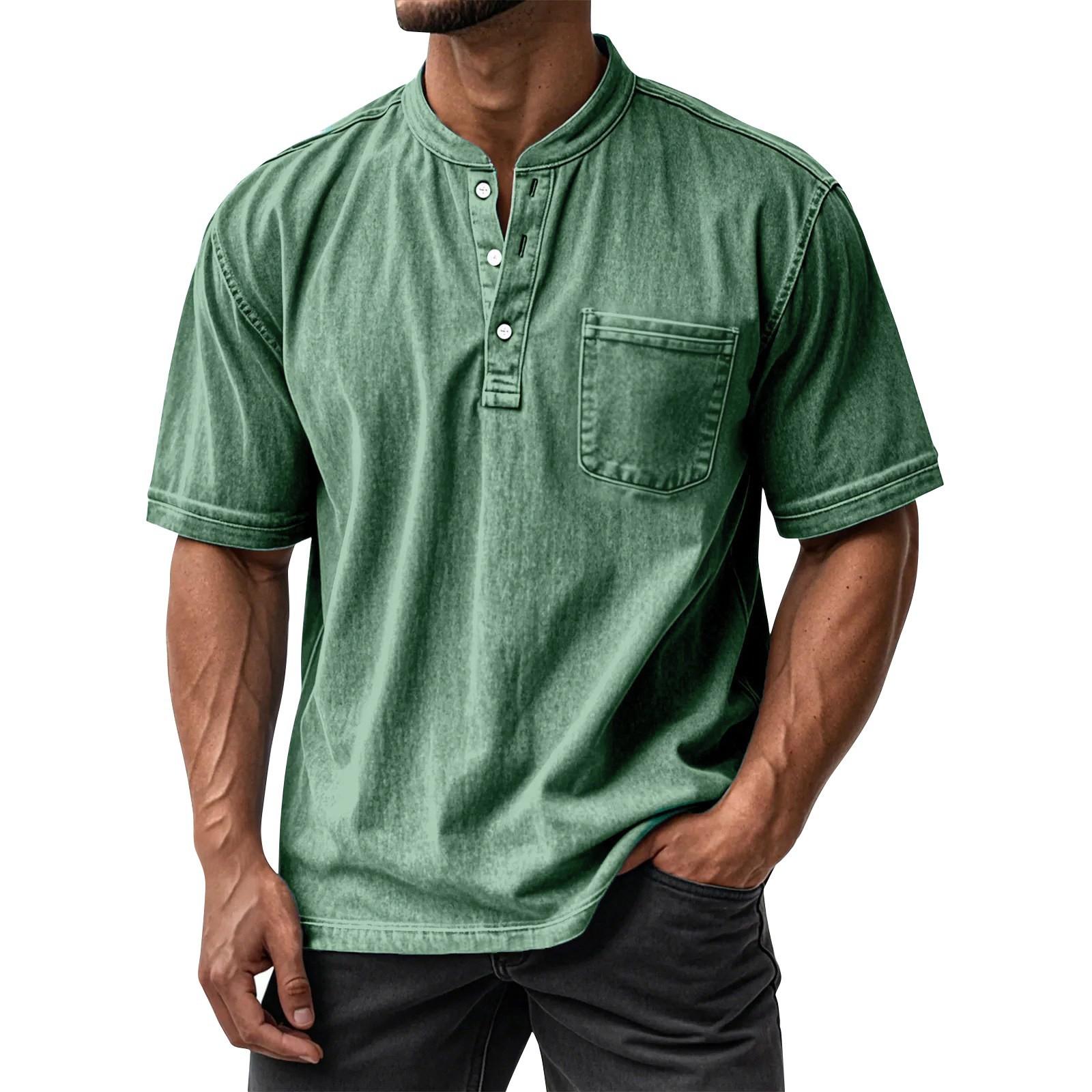 

Men s Summer Round Neck Short Sleeve T-Shirt Neck Men s All- Casual Button Shirt XXXL зелений