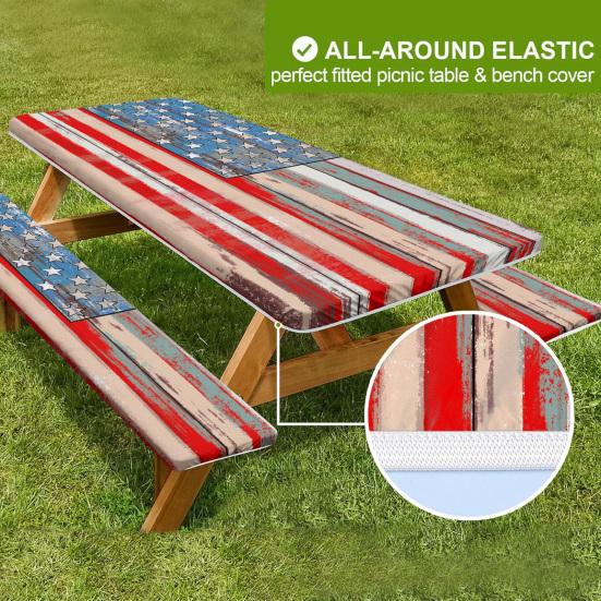 Picnic Table Cover Set American Flag Fitted Table Cover with 2 Bench Covers Waterproof Windproof Tablecloth with Elastic Edges for Outdoor Camping