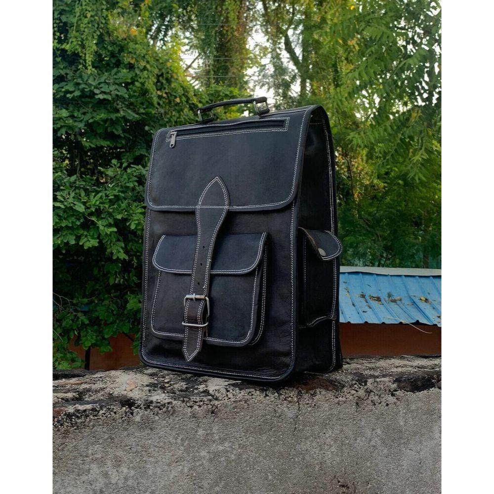 Schwarzer handgefertigter Ziegenleder-Reise-lässiger Laptop-Messenger-Rucksack-Schultertasche