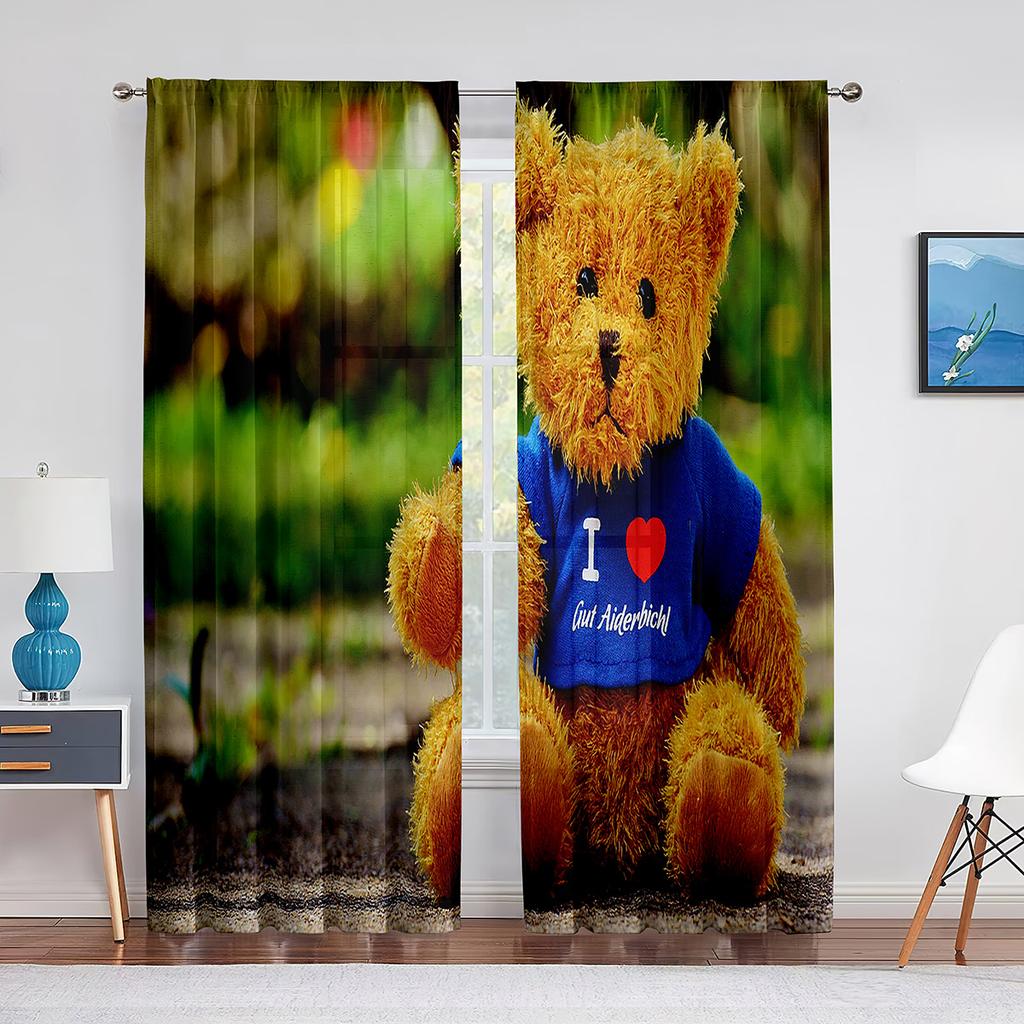 Lustiger Teddybär mit Geschenkbox Liebesherzen Transparente Vorhänge für Wohnzimmer Schlafzimmer Küchendekor Fenstervoiles Tüllvorhang
