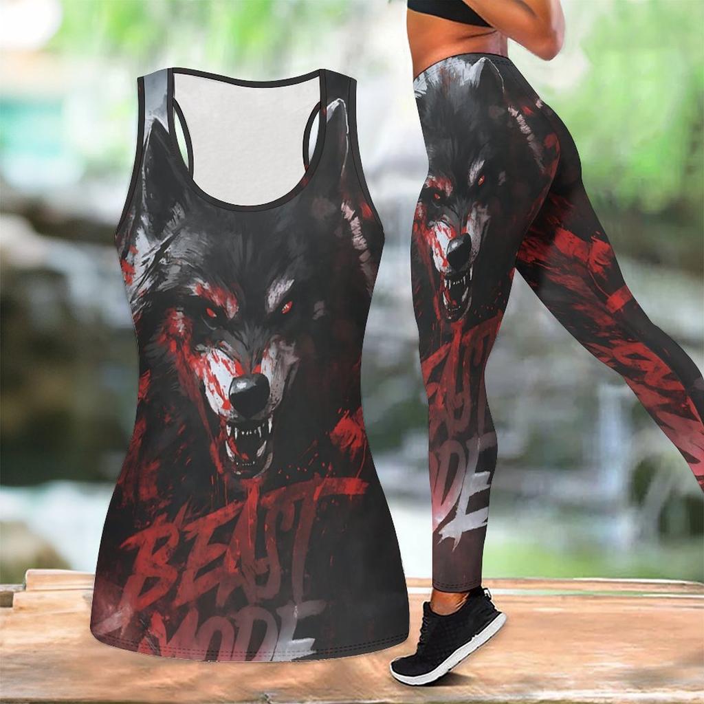 Wild Wolf Pattern Print Yoga Outfit for Women Fashion Workout Leggings Fitness Sports Casual Yoga Set Sports Suit