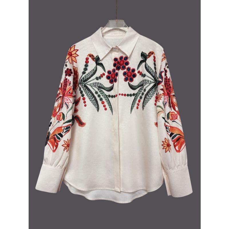 New Loose Long Sleeved Printing Floral Shirts Spring and Summer Casual Blouse Lapel Simple Top Long Sleeve Simple Sweet Office Clothing