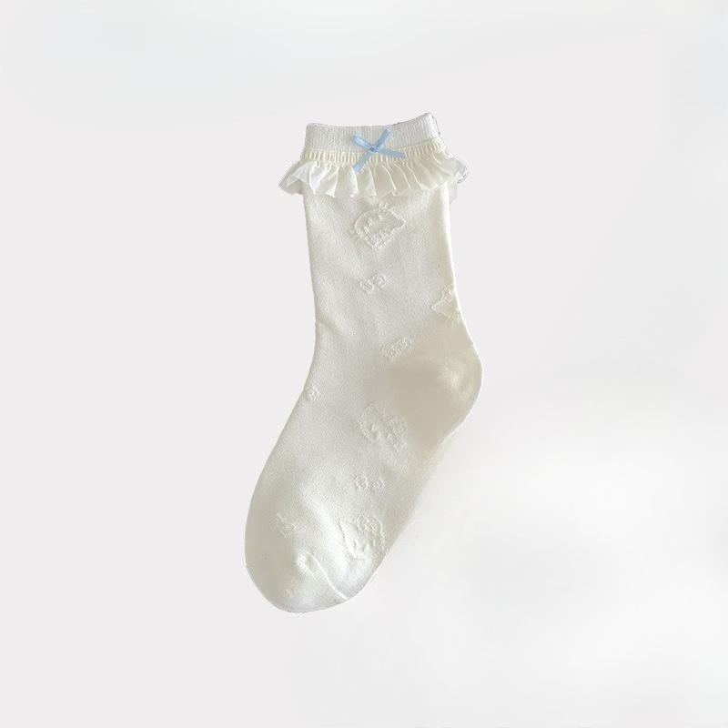 

Ladies Spring and Autumn New Style Bow Embroidery Lace Mid Tube Pile Socks 1 pair