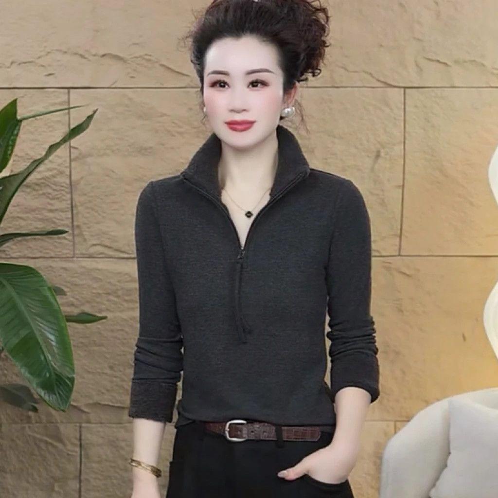 

Autumn/Winter Stand Collar Half-Zip Double-Sided Fleece T-Shirt - Loose, Slimming, Versatile for Young Mothers XL (110-120 jin) серый