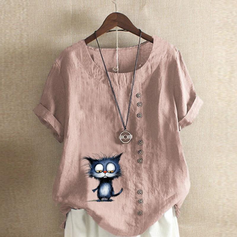 Women's Fashion Blue Cat Prined Short Sleeve T-shirt Loose Cotton Shirt Casual Loose Summer Blouse Tops Plus Size