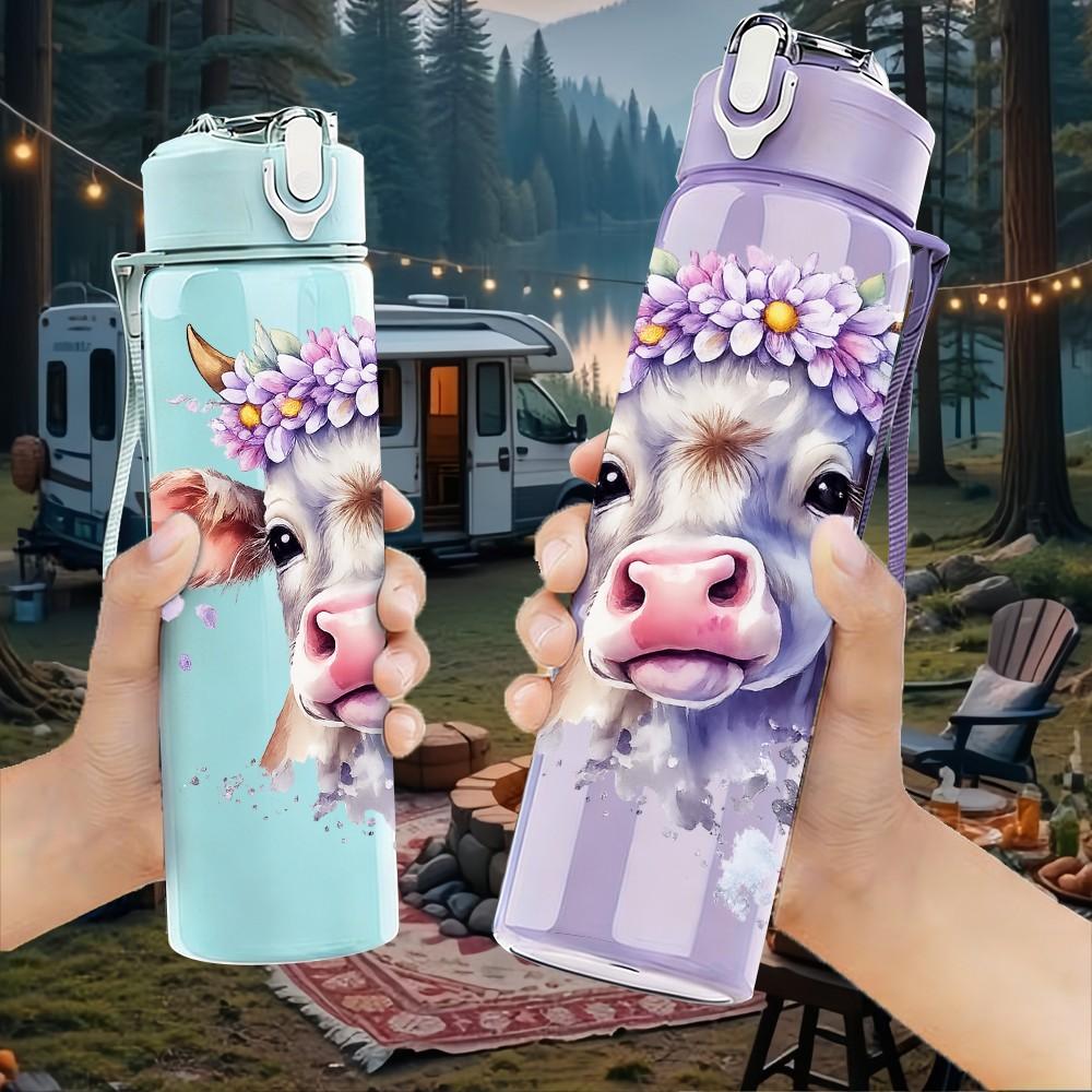 1PC Flower Cow Cute Animal Portrait 750ml Color Plastic Sports Water Bottle Leakproof Flip Straw Lid Suitable for Sports Office Home Use