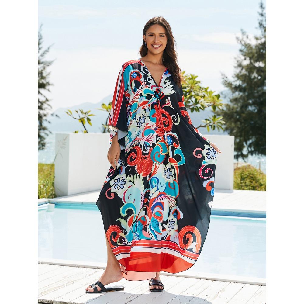 

Женское платье-кафтан в стиле бохо большого размера с контрастным принтом свободного кроя Vacay Beach One Size