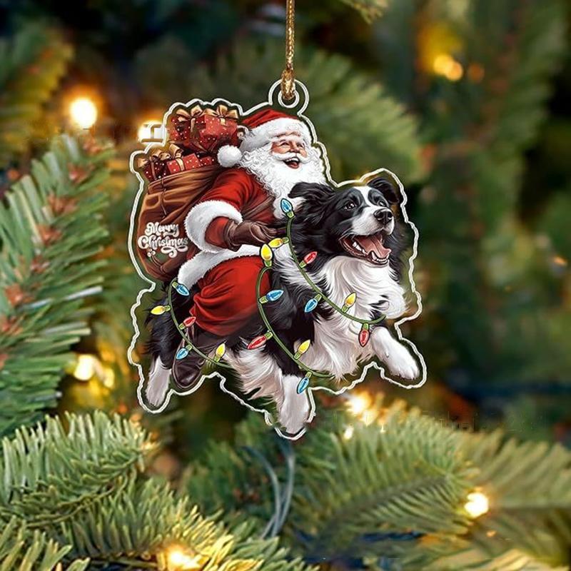 2026 Santa Claus And His Funny Dog Ornament 2D Flat Acrylic Pendant Christmas Decoration For Home Xmas Tree  Year Kerst