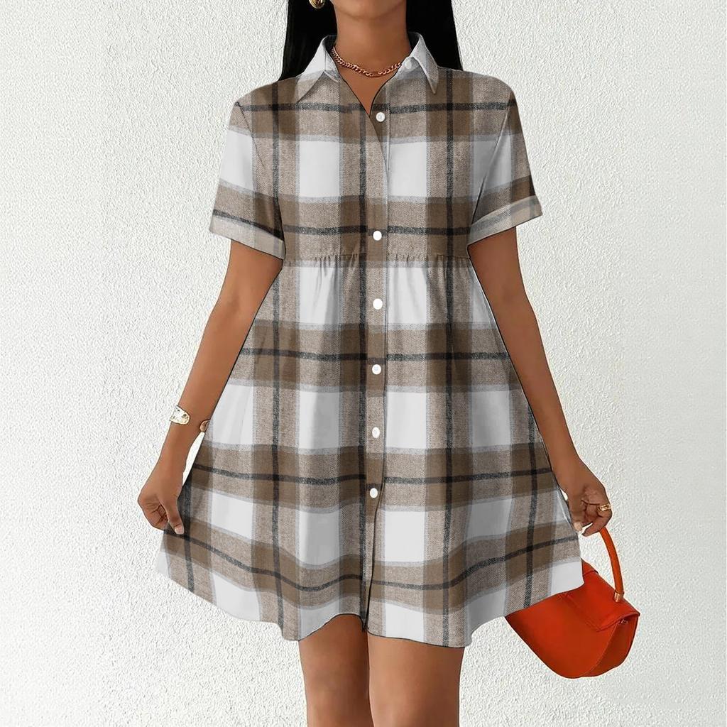 Women Casual Loose Fit Shirt Dress Button Front Short Sleeve Collared Dress Lightweight Plaid Pattern Summer Dress