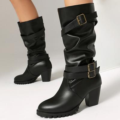 Fashion Pleated Mid-calf Boots Women Fashion 2025 Winter Buckle Western PU Unisex Riding Boots Comfortable Low Heels Footwear Big Size