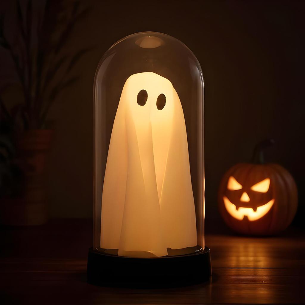 Ghost Night Light Light Up Ghost in Cloche Scary Cute LED Battery Operated Tabletop Lamp for Party Kitchen Holiday Halloween