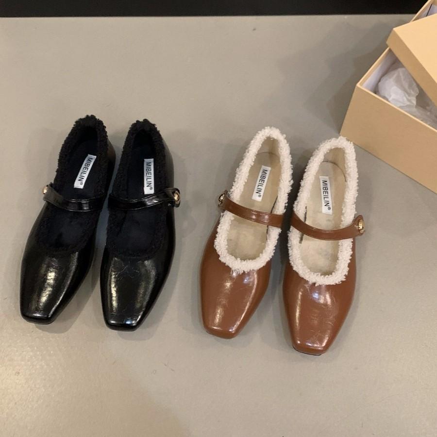Flat Autumn and Winter Plush Cotton Shoes Single Shoes Women's Shoes 2025 New Square Head Black Mary Jane Evening Shoes