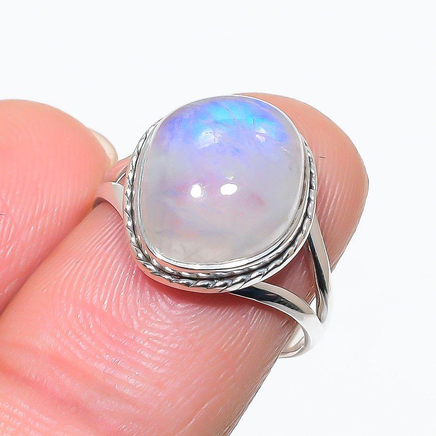 Natural Rainbow Moonstone Gemstone 925 Solid Sterling Silver Gift Ring S.8 E2M34