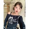 2025 Autumn/Winter Slim-Fit Cat Print One-Shoulder Long-Sleeve Top