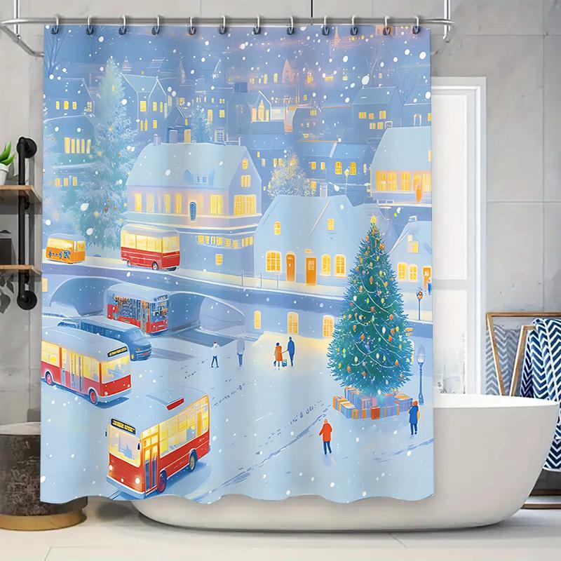 

Snowy Town Scene Shower Curtain - Christmas Decorative Bathroom Mat With Warm Lights And Buses Waterproof Durable Easy-Clean W60H190(CM)-1 Pcs