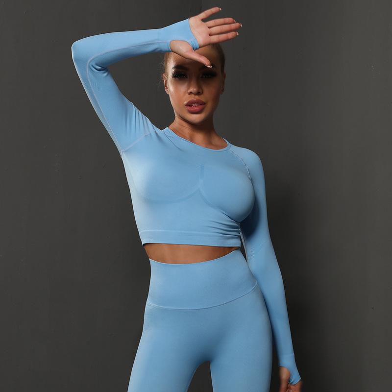Seamless Tight Solid Color Pleated Sports Long Sleeved Top With High Elasticity, Breathability, Running, Fitness, Yoga Clothes For Women
