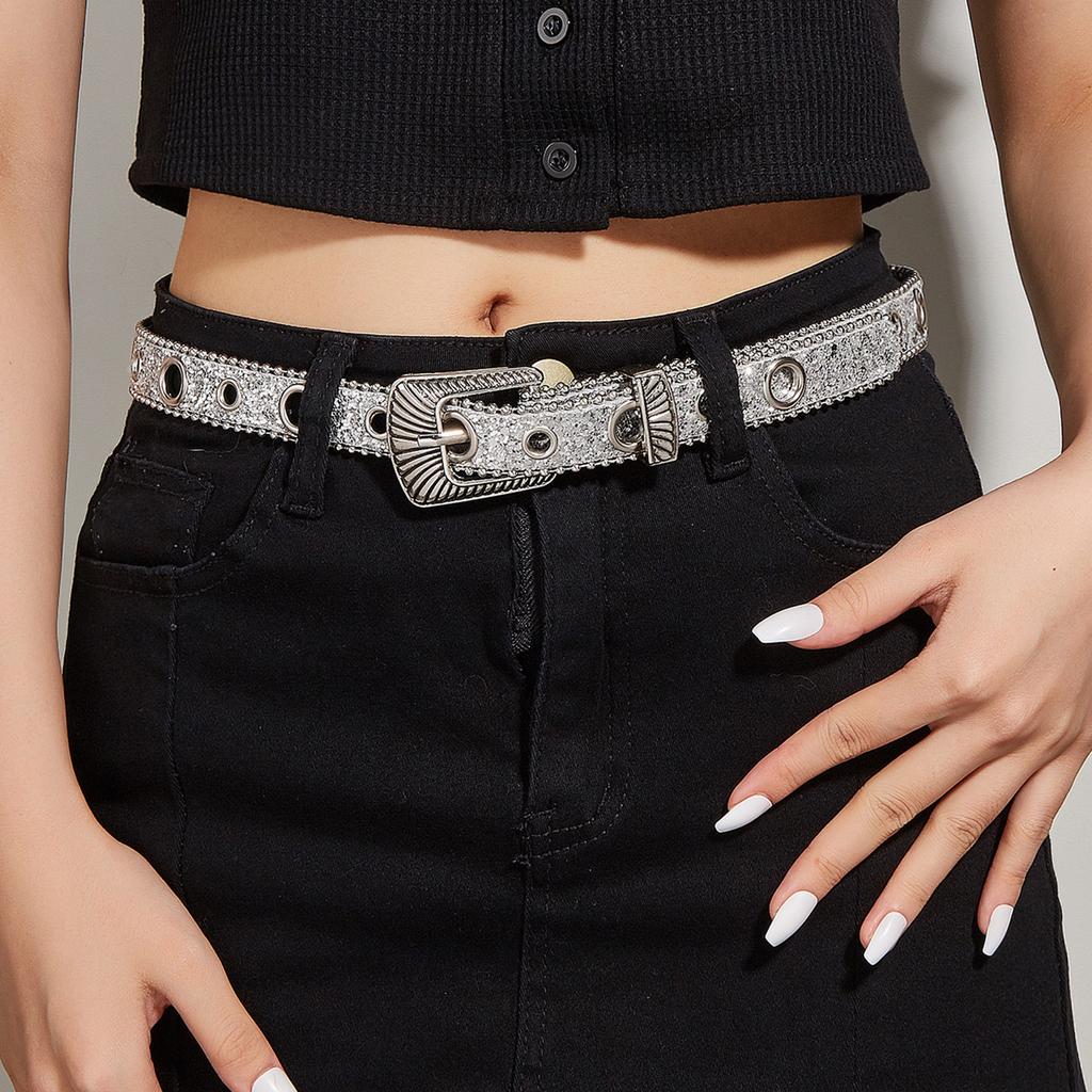 Blingbling Sequined Belt Aesthetic Big Eyelet Belt Gothic Pants Belt Girl PU Waistband Female Western Cowboy Waiststrap