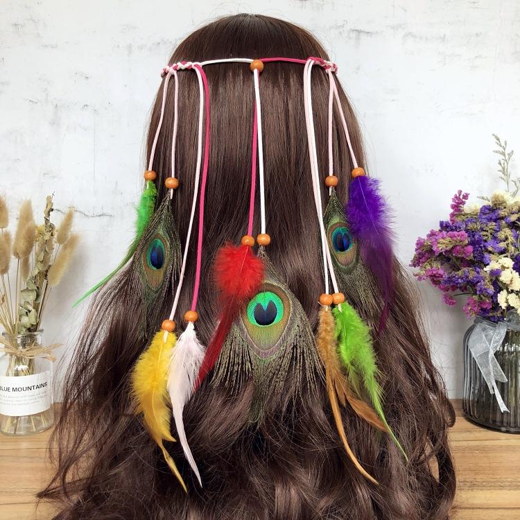 

Vintage Bohemian long fringed peacock feather headband Indian headgear hair rope women s vacation accessories