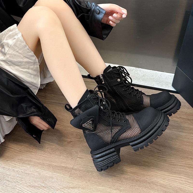 Hollow Martin Boots Women's New Summer Thin Breathable Inner Heightening Thick-soled Hiking Shoes Mesh Short Boots