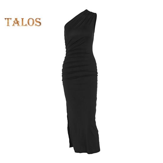 

Вечернее женское платье на одно плечо, без рукавов, с наклонным вырезом, плиссированное облегающее платье-футляр, однотонное, эластичное, с разрезом подол, Клубное вечернее платье макси M чёрный