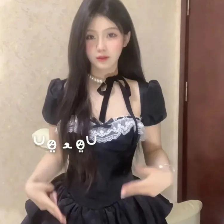 Elegant Black Bow Puff Sleeve Dress for Women - French Style Birthday Outfit