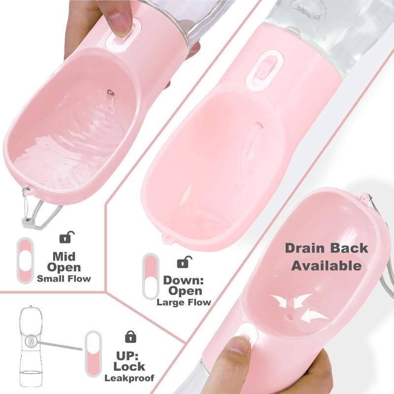 Protable Dog Cat Water Bottle For Walking/Hiking/Travel, Pets Outdoor Drinking & Feeding Dispenser (Pink)
